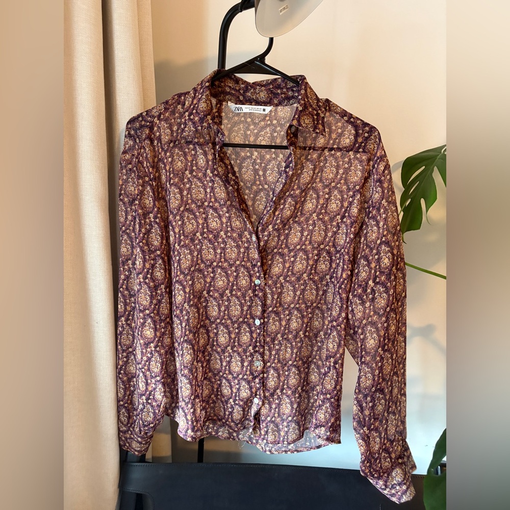 Zara Paisley Sheer Button-Up Blouse - Purple & Cream